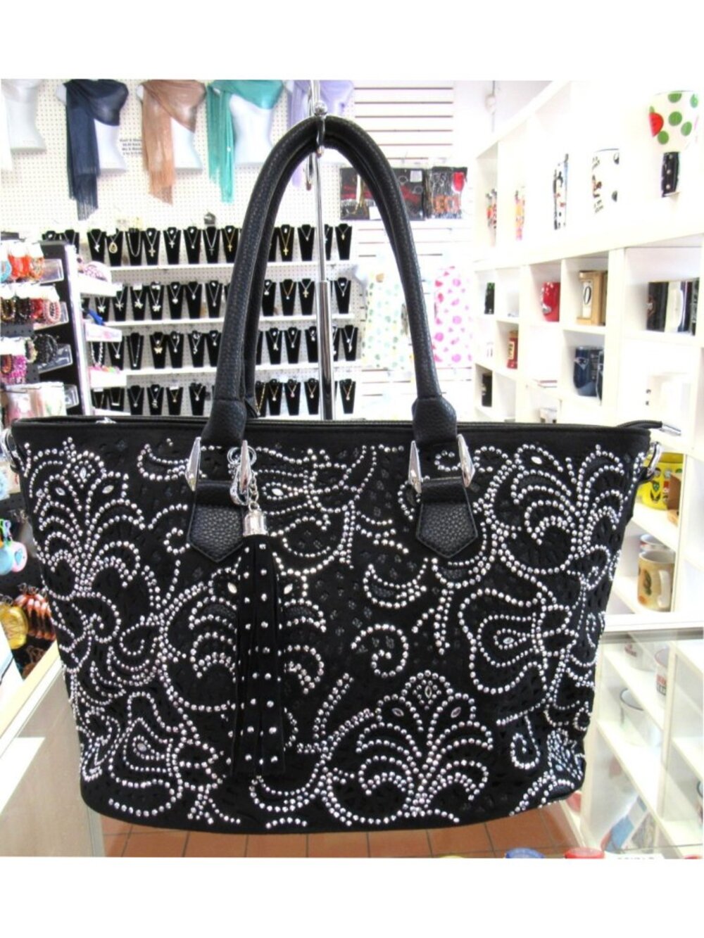 Black Rhinestone Crystal Floral Abstract Design Sparkle Bling Handbag Purse NEW